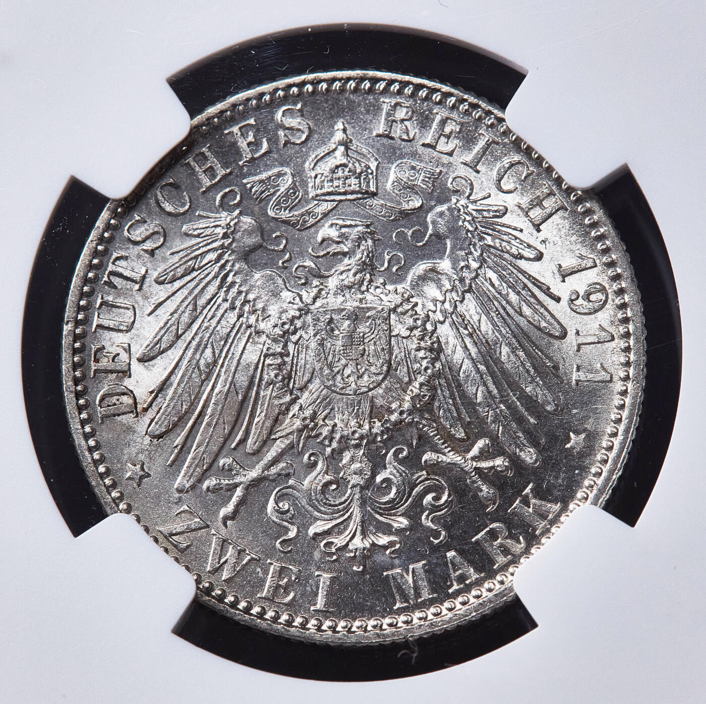 【俄甄集藏】2026年(050)04-01星期三 晚 19:30 全场包邮 德国巴伐利亚1911年D版纪念柳特波德亲王90寿辰2马克银币，NGC MS63，转光品相