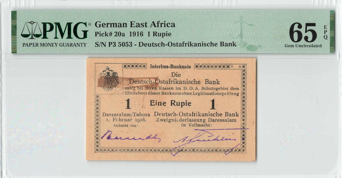 小福收藏拍卖第204期 评级币精选场 本期有 荷兰经典AA冠拿杯子的蛇 叙利亚世遗帕尔米拉古城豹子号冠军分 法国红衣主教冠军分 意大利经典达芬奇   白俄罗斯 "Millennium" 纪念版AA冠全同千位号全套  南斯拉夫铁托未发行版 美国 墨西哥 越南 法属印度支那等多国精美高分珍稀老钞精品纸币 德属东非 1916年 1 Rupie 无47 难评分品种 PMG65 EPQ 亚军分（冠军分仅1枚）