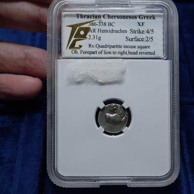 琋语集藏2026年04月欧洲古典打制币拍卖 - 古希腊色雷斯地区回首狮子半德银币（TQG评级）