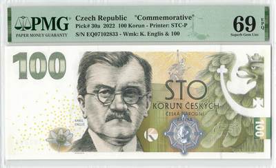 小福收藏拍卖第204期 评级币精选场 本期有 荷兰经典AA冠拿杯子的蛇 叙利亚世遗帕尔米拉古城豹子号冠军分 法国红衣主教冠军分 意大利经典达芬奇   白俄罗斯 "Millennium" 纪念版AA冠全同千位号全套  南斯拉夫铁托未发行版 美国 墨西哥 越南 法属印度支那等多国精美高分珍稀老钞精品纸币 - 捷克 2022年 100克朗 纪念钞 发行量仅2万张 PMG69 EPQ 亚军分