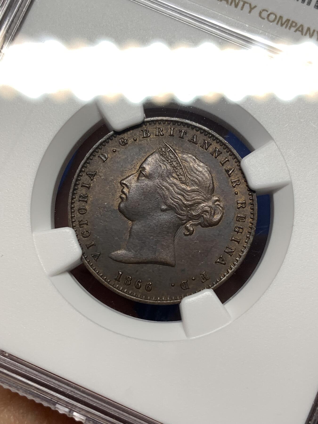 《竞宝斋》第475场 周日，周一 2场连拍 （全场包邮）欢迎送拍 NGC MS61BN 英国泽西岛1866年1/26先令铜币 细节不错