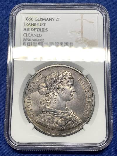 《竞宝斋》第475场 周日，周一 2场连拍 （全场包邮）欢迎送拍 - NGC AUD 德国1866年法兰克福少女2泰勒银币