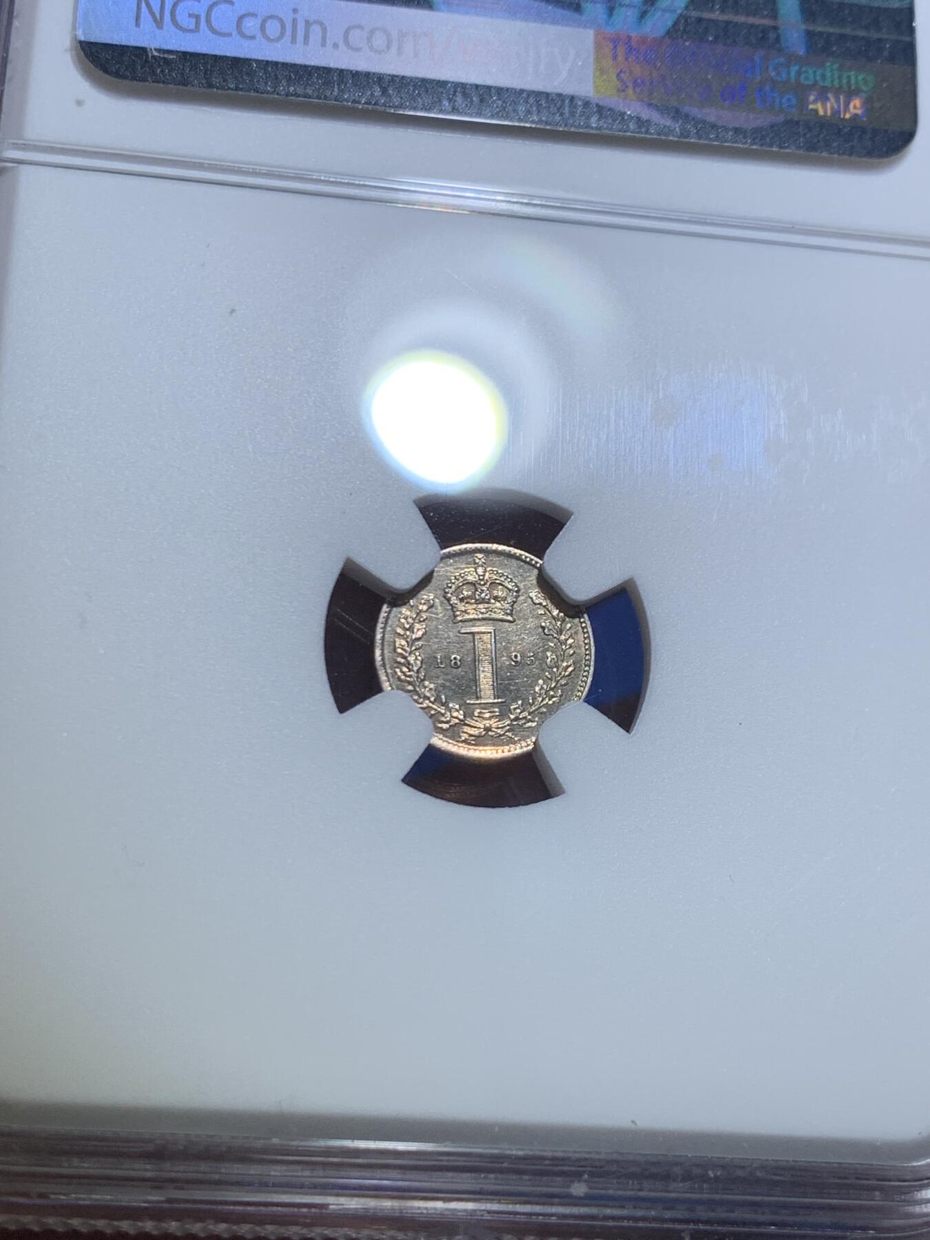 《竞宝斋》第475场 周日，周一 2场连拍 （全场包邮）欢迎送拍 四枚一组 NGC UNC-MS63 英国1895年维多利亚披纱濯足币 1-4便士银币