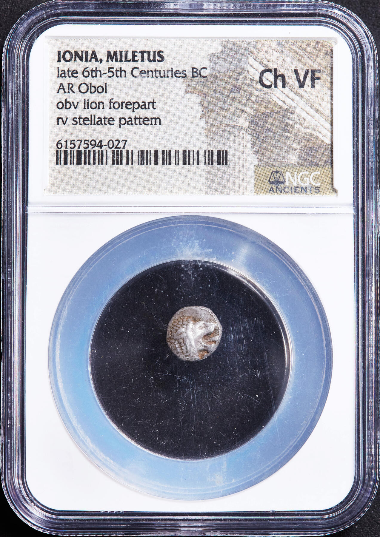 【俄甄集藏】2026年(050)04-01星期三 晚 19:30 全场包邮 古希腊爱奥尼亚米利都城邦约公元前6世纪晚期-前5世纪早期狮子头1奥波银币，NGC ChVF，正面张口咆哮的向左的狮子头，背面戳记中有大芒星图案，原味状态，经典品种