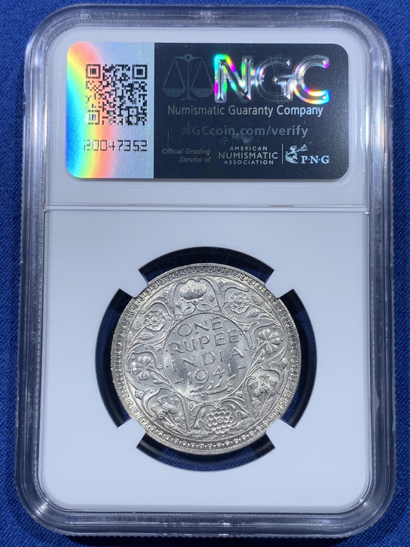 《竞宝斋》第475场 周日，周一 2场连拍 （全场包邮）欢迎送拍 NGC MS62 英属印度1941年乔治六世1卢比银币