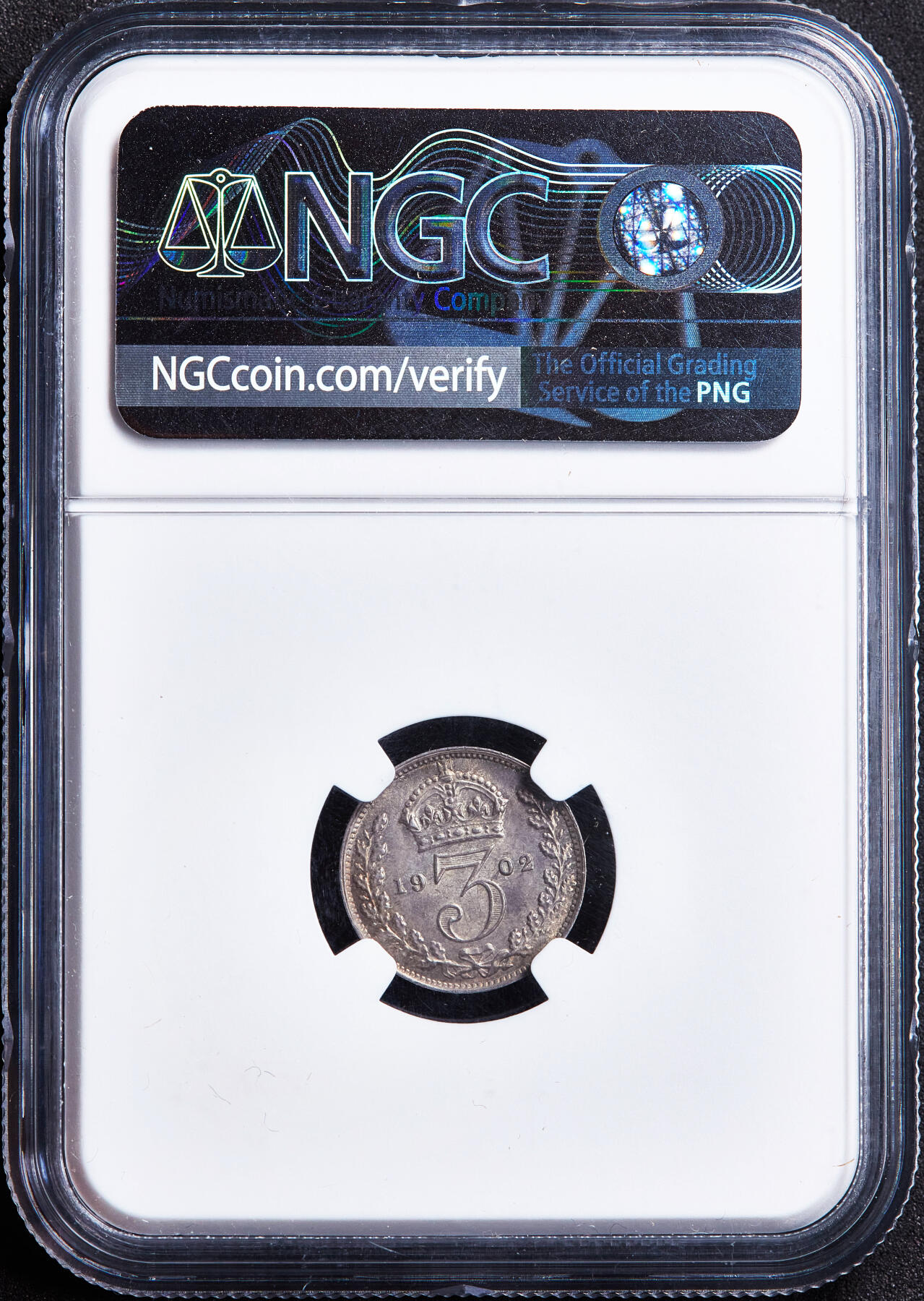 【俄甄集藏】2026年(050)04-01星期三 晚 19:30 全场包邮 英国1902年爱德华七世3便士银币，NGC MS64，黄油五彩，转光品相