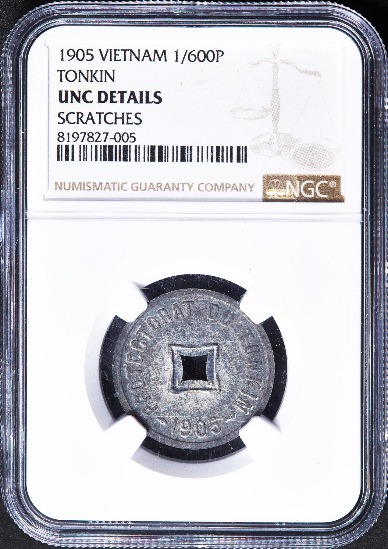 【俄甄集藏】2026年(050)04-01星期三 晚 19:30 全场包邮 法属印度支那东京湾1905年1/600皮阿斯特锌币，NGC UNCD，原光品相，疑似错杀
