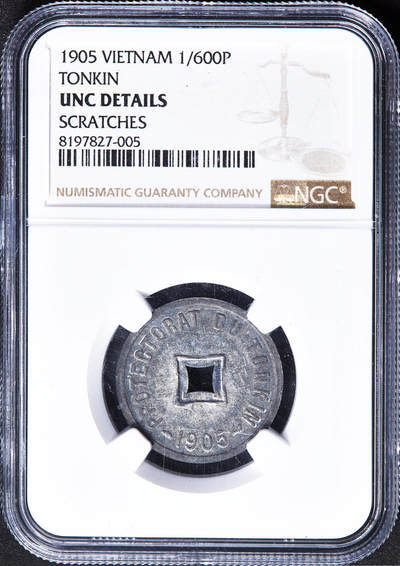 【俄甄集藏】2026年(050)04-01星期三 晚 19:30 全场包邮 - 法属印度支那东京湾1905年1/600皮阿斯特锌币，NGC UNCD，原光品相，疑似错杀