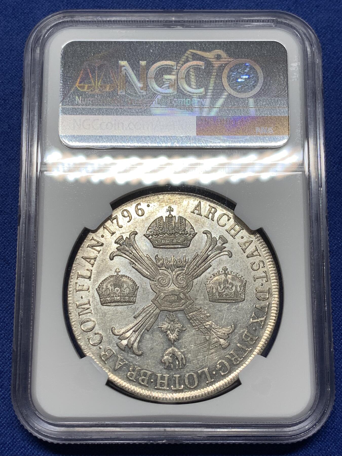 《竞宝斋》第475场 周日，周一 2场连拍 （全场包邮）欢迎送拍 NGC AUD 奥属意大利 1796年 米兰版弗朗茨二世泰勒大银 1TAL大银币  非常见的奥属尼德兰版本