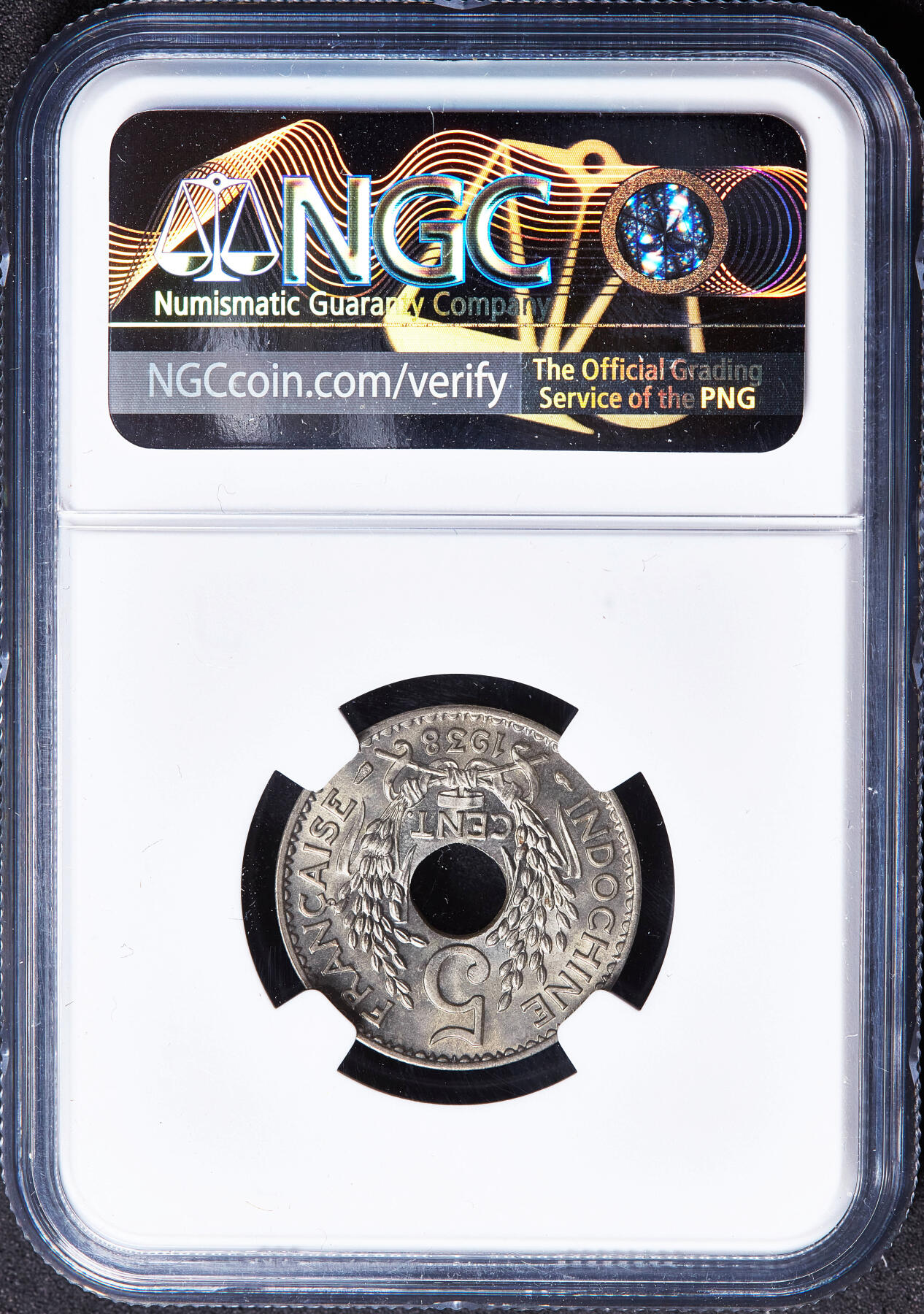 【俄甄集藏】2026年(050)04-01星期三 晚 19:30 全场包邮 法属印度支那1938年中孔5分镍币，NGC MS66，卷拆状态，十字转光，顶级状态