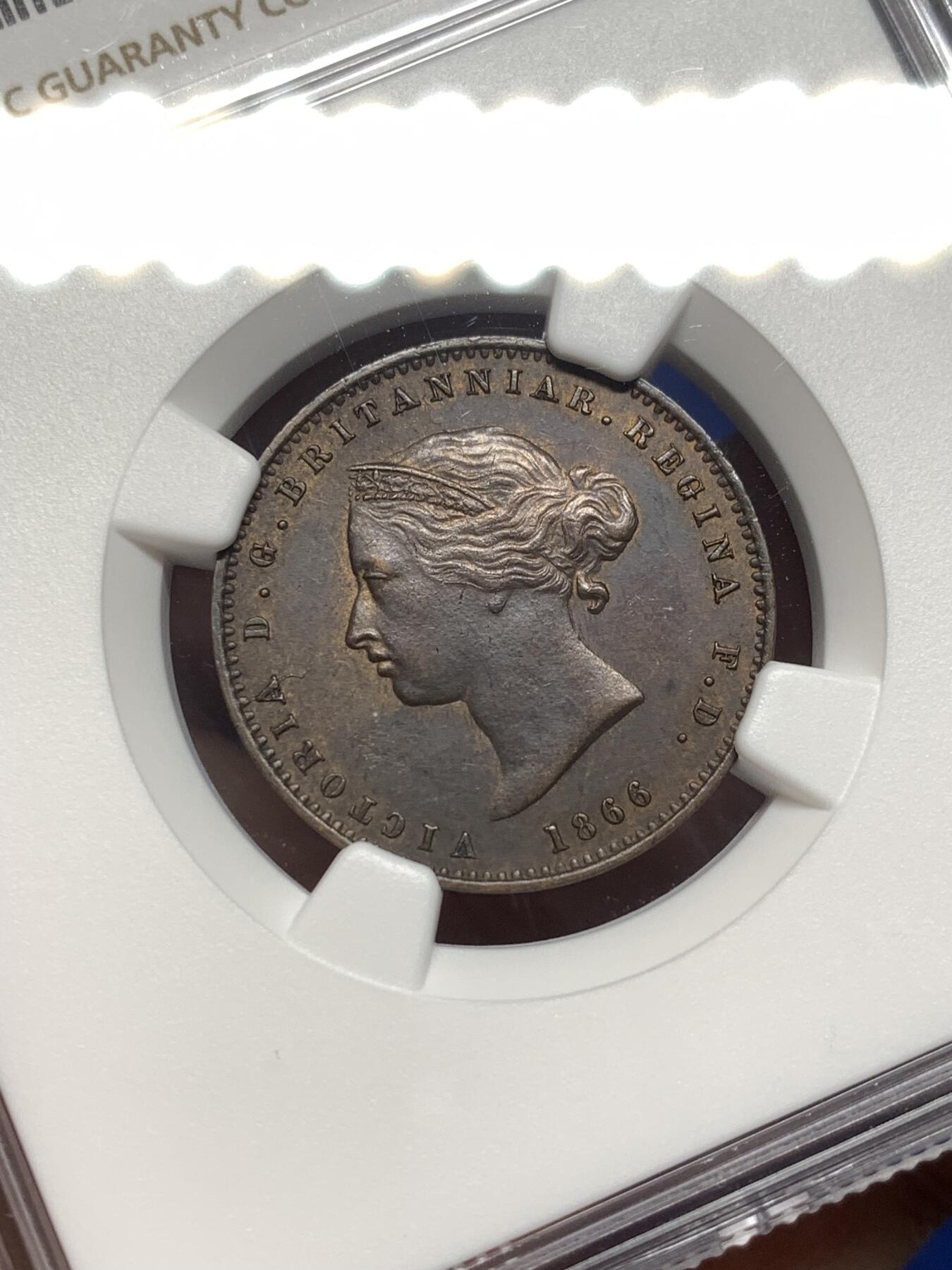 《竞宝斋》第475场 周日，周一 2场连拍 （全场包邮）欢迎送拍 NGC MS61BN 英国泽西岛1866年1/26先令铜币 细节不错