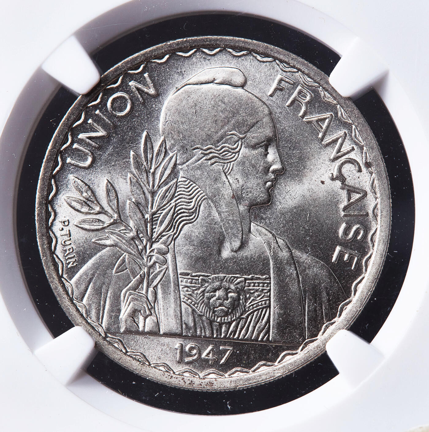 【俄甄集藏】2026年(050)04-01星期三 晚 19:30 全场包邮 法属印度支那1947年1皮阿斯特镍币，NGC MS65，顶级状态，转光品相