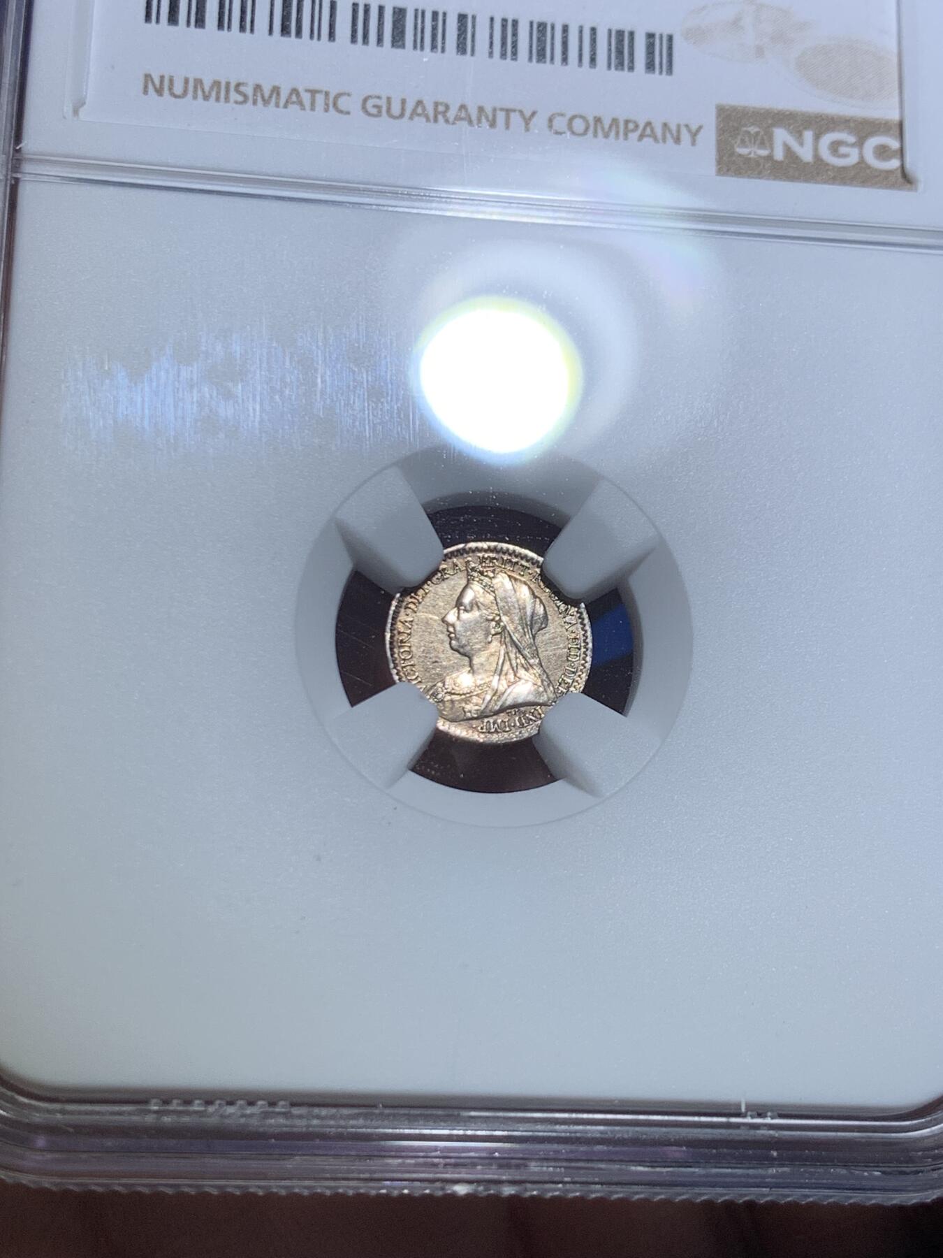 《竞宝斋》第475场 周日，周一 2场连拍 （全场包邮）欢迎送拍 四枚一组 NGC UNC-MS63 英国1895年维多利亚披纱濯足币 1-4便士银币