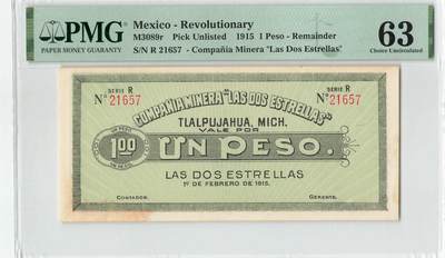 小福收藏拍卖第204期 评级币精选场 本期有 荷兰经典AA冠拿杯子的蛇 叙利亚世遗帕尔米拉古城豹子号冠军分 法国红衣主教冠军分 意大利经典达芬奇   白俄罗斯 "Millennium" 纪念版AA冠全同千位号全套  南斯拉夫铁托未发行版 美国 墨西哥 越南 法属印度支那等多国精美高分珍稀老钞精品纸币 - 墨西哥 1915年 1比索 库存票 PMG63