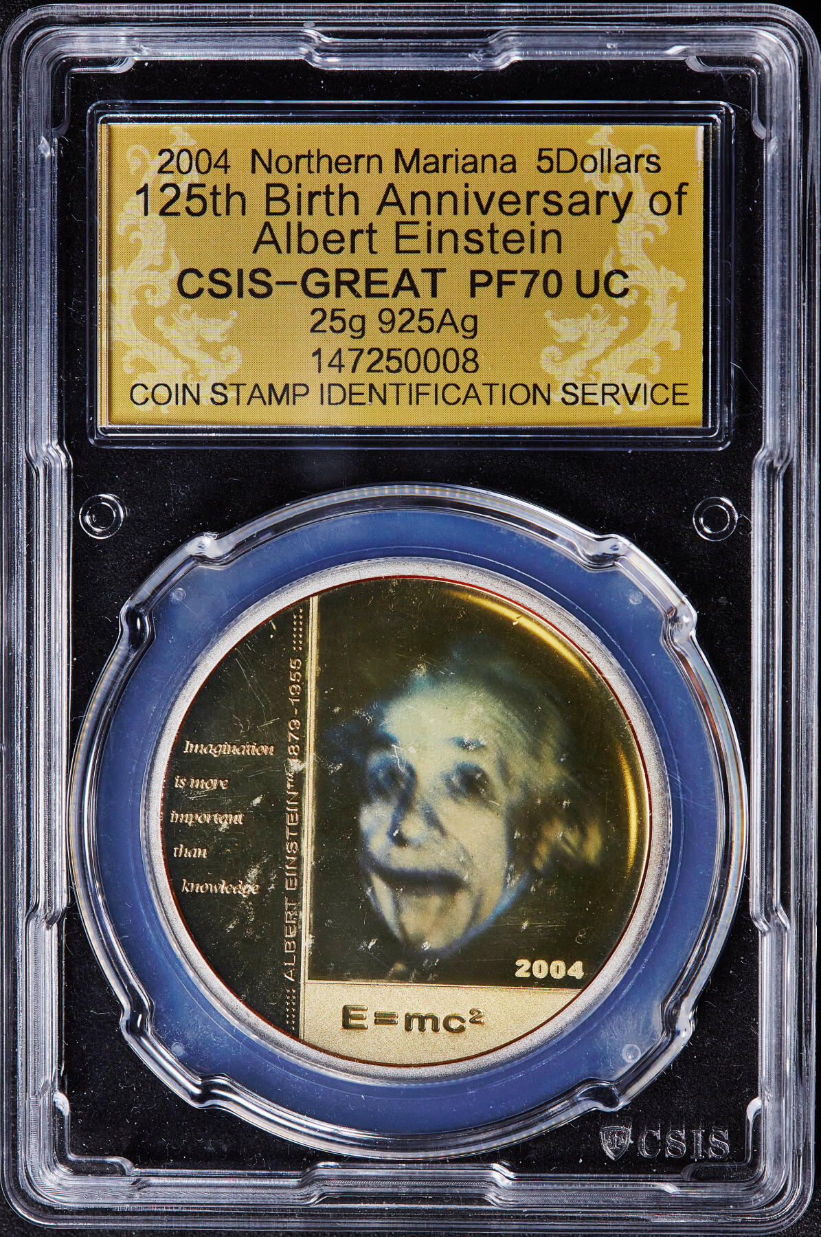 【俄甄集藏】2026年(050)04-01星期三 晚 19:30 全场包邮 美属北马里亚纳群岛2004年全息投影工艺纪念爱因斯坦诞辰125周年5元精制大银币，信泰 PF70UC，重25克，925银，发行量25000枚