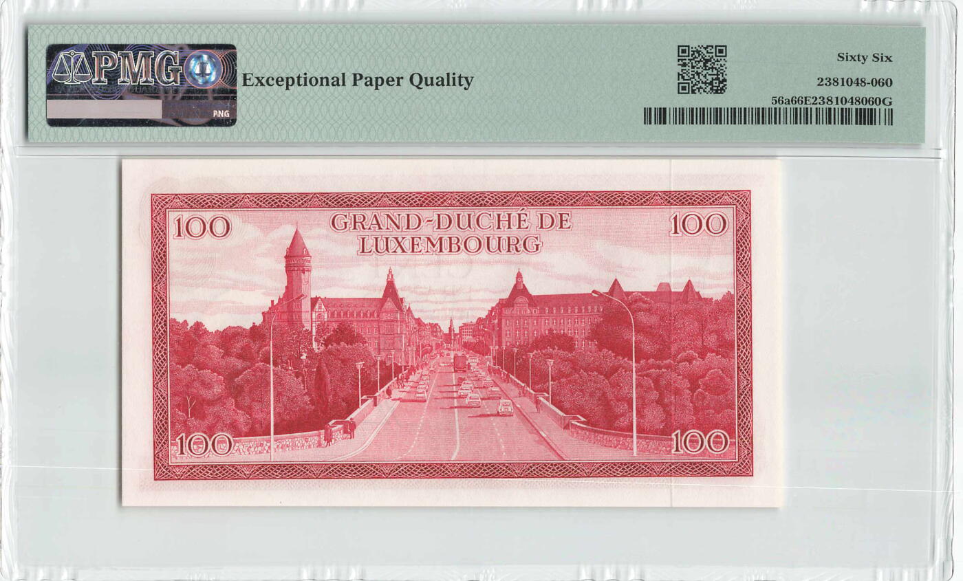 小福收藏拍卖第204期 评级币精选场 本期有 荷兰经典AA冠拿杯子的蛇 叙利亚世遗帕尔米拉古城豹子号冠军分 法国红衣主教冠军分 意大利经典达芬奇   白俄罗斯 "Millennium" 纪念版AA冠全同千位号全套  南斯拉夫铁托未发行版 美国 墨西哥 越南 法属印度支那等多国精美高分珍稀老钞精品纸币 卢森堡 1970年 100法郎 该版最高值 无47 PMG66 EPQ 季军分