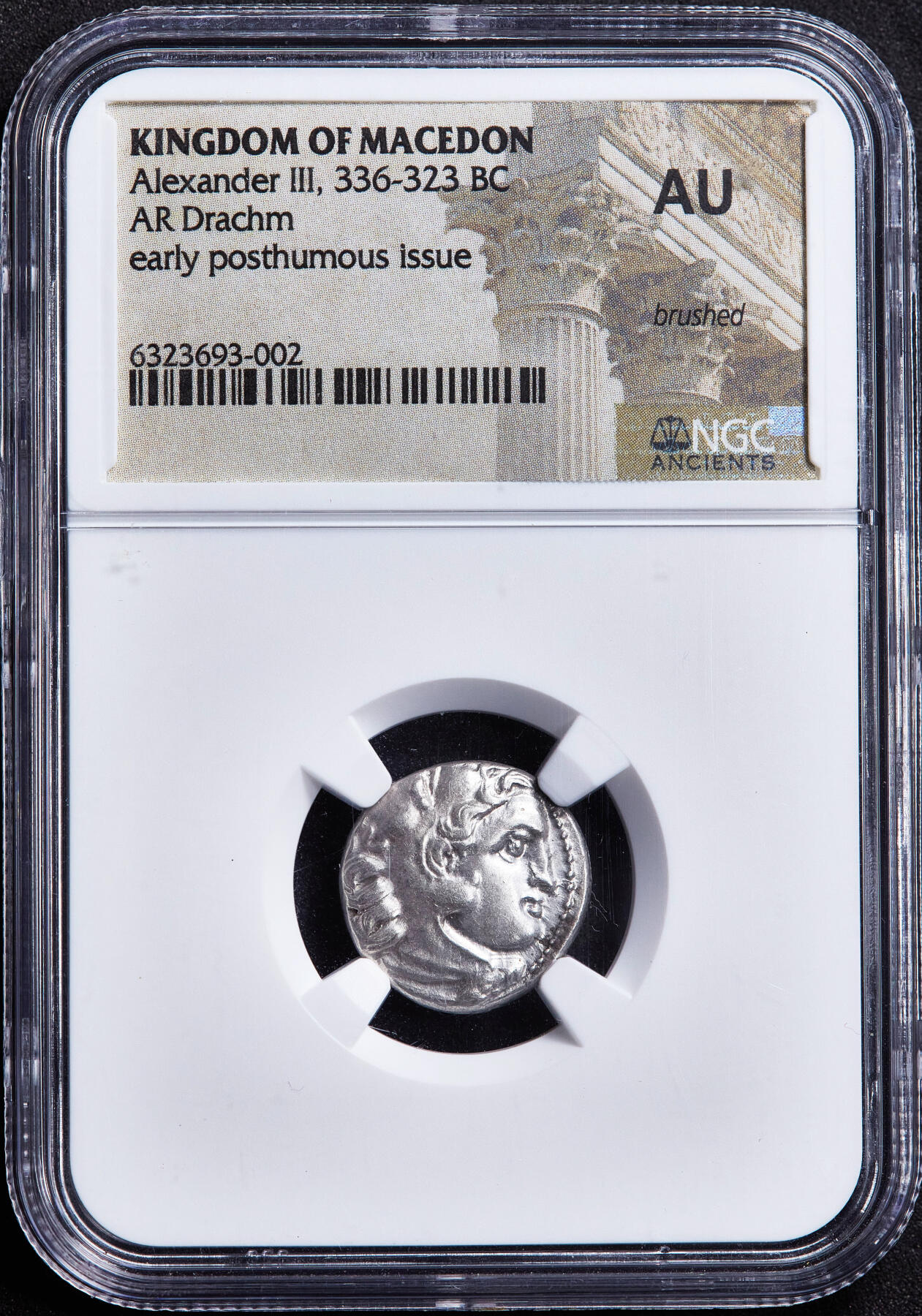 【俄甄集藏】2026年(050)04-01星期三 晚 19:30 全场包邮 古希腊马其顿王国公元前356年-前323年6月亚历山大大帝1德拉克马大力神银币，NGC AU，正面大力神赫拉克勒斯狮皮盔面右像，背面宙斯托鹰面左坐像，保存尚佳，底光犹存