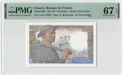 小福收藏拍卖第204期 评级币精选场 本期有 荷兰经典AA冠拿杯子的蛇 叙利亚世遗帕尔米拉古城豹子号冠军分 法国红衣主教冠军分 意大利经典达芬奇   白俄罗斯 "Millennium" 纪念版AA冠全同千位号全套  南斯拉夫铁托未发行版 美国 墨西哥 越南 法属印度支那等多国精美高分珍稀老钞精品纸币 - 法国 1942年 10法郎 农夫 PMG67 EPQ 冠军分！！！