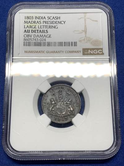 《竞宝斋》第475场 周日，周一 2场连拍 （全场包邮）欢迎送拍 - NGC AUD 东印度公司 马德拉斯 1803年 5CASH 铜币