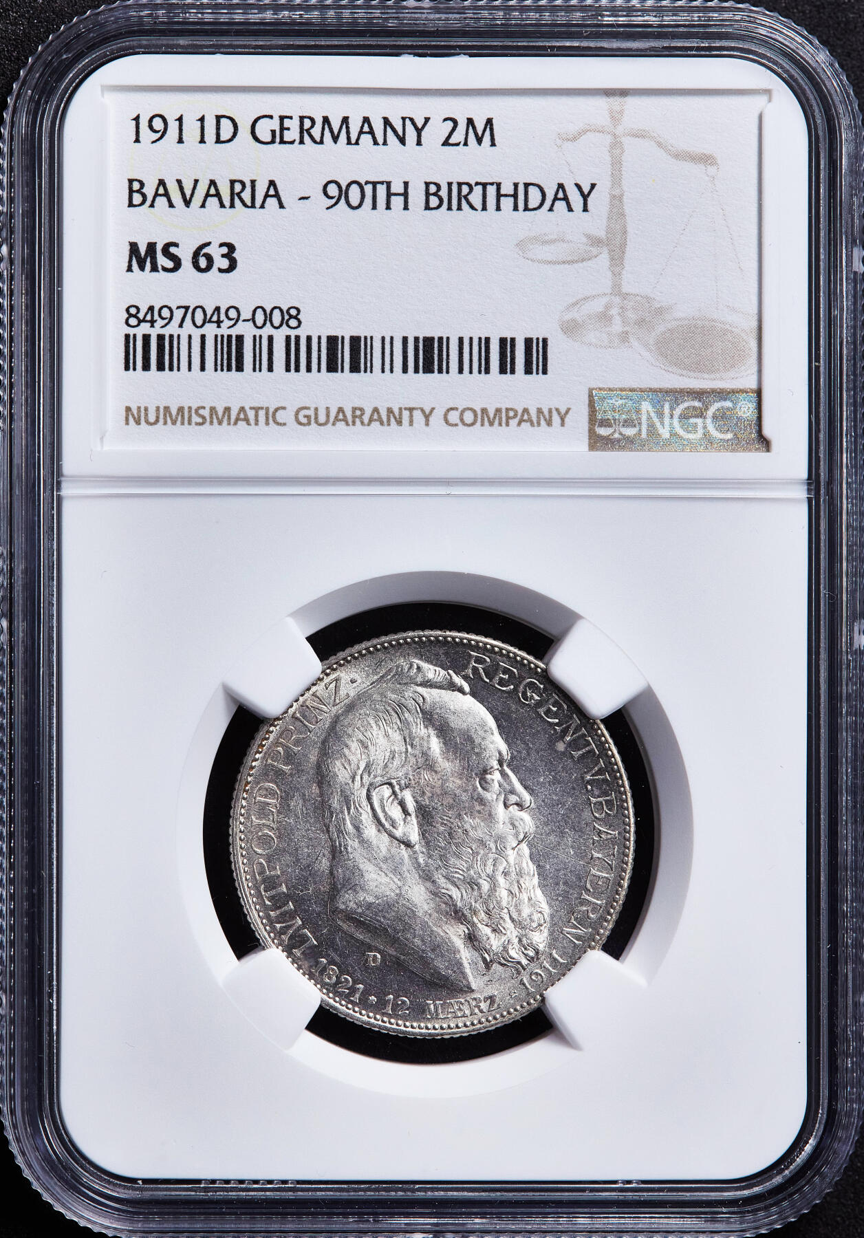 【俄甄集藏】2026年(050)04-01星期三 晚 19:30 全场包邮 德国巴伐利亚1911年D版纪念柳特波德亲王90寿辰2马克银币，NGC MS63，转光品相