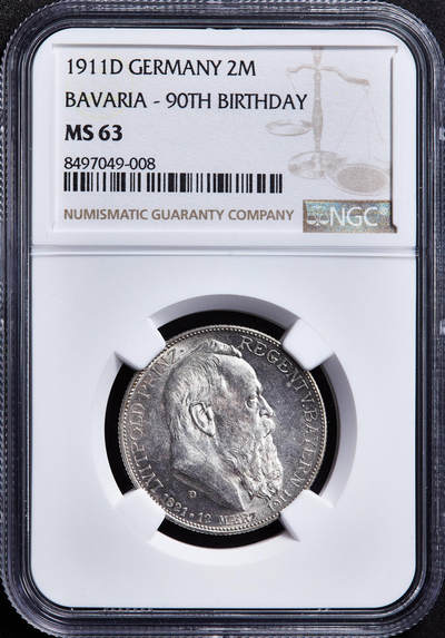 【俄甄集藏】2026年(050)04-01星期三 晚 19:30 全场包邮 - 德国巴伐利亚1911年D版纪念柳特波德亲王90寿辰2马克银币，NGC MS63，转光品相