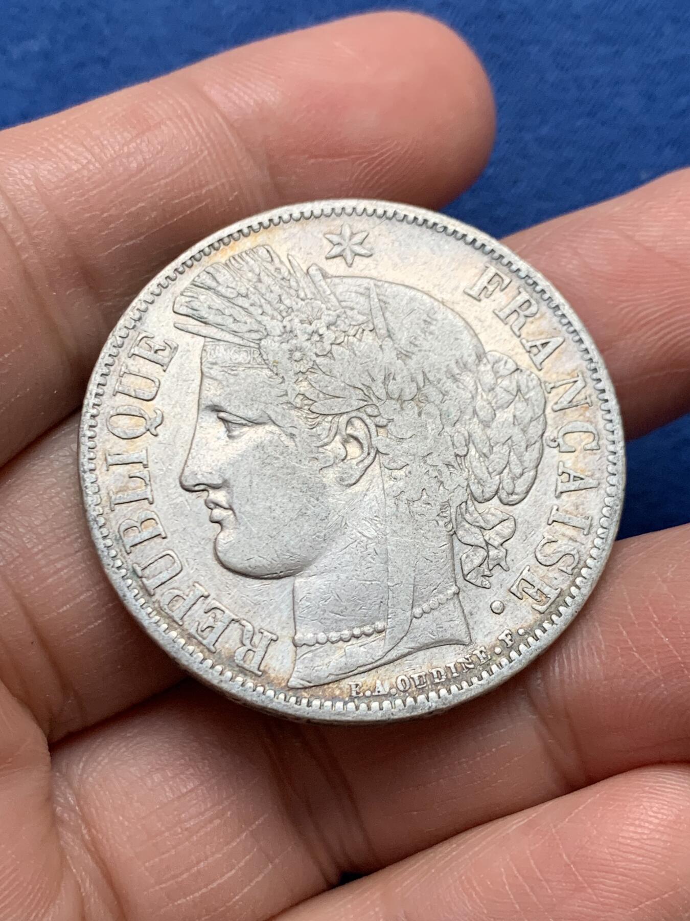 《竞宝斋》第475场 周日，周一 2场连拍 （全场包邮）欢迎送拍 法国1849年A版谷物女神5法郎银币