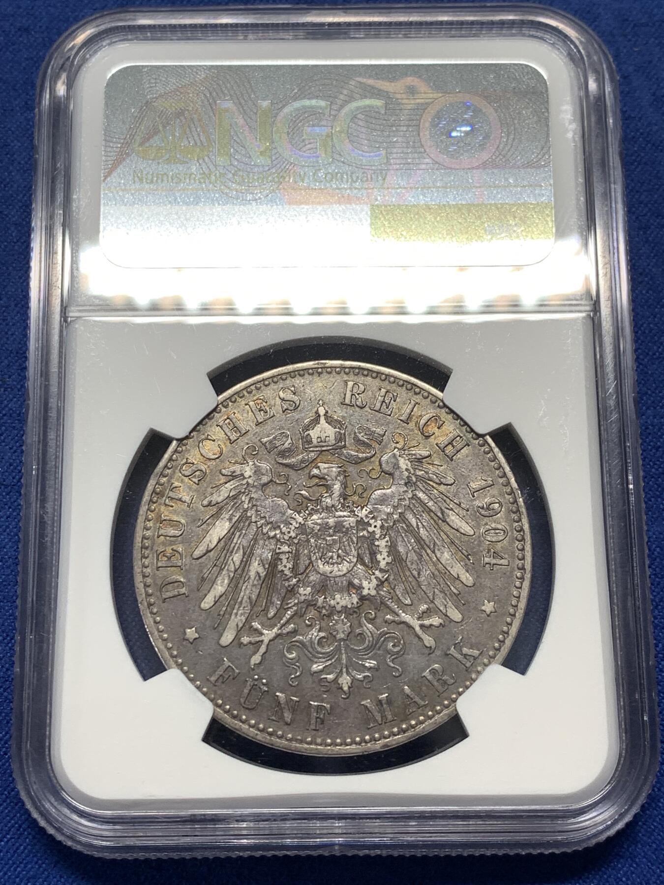 《竞宝斋》第475场 周日，周一 2场连拍 （全场包邮）欢迎送拍 NGC XFD 德国1904年威廉二世5马克银币