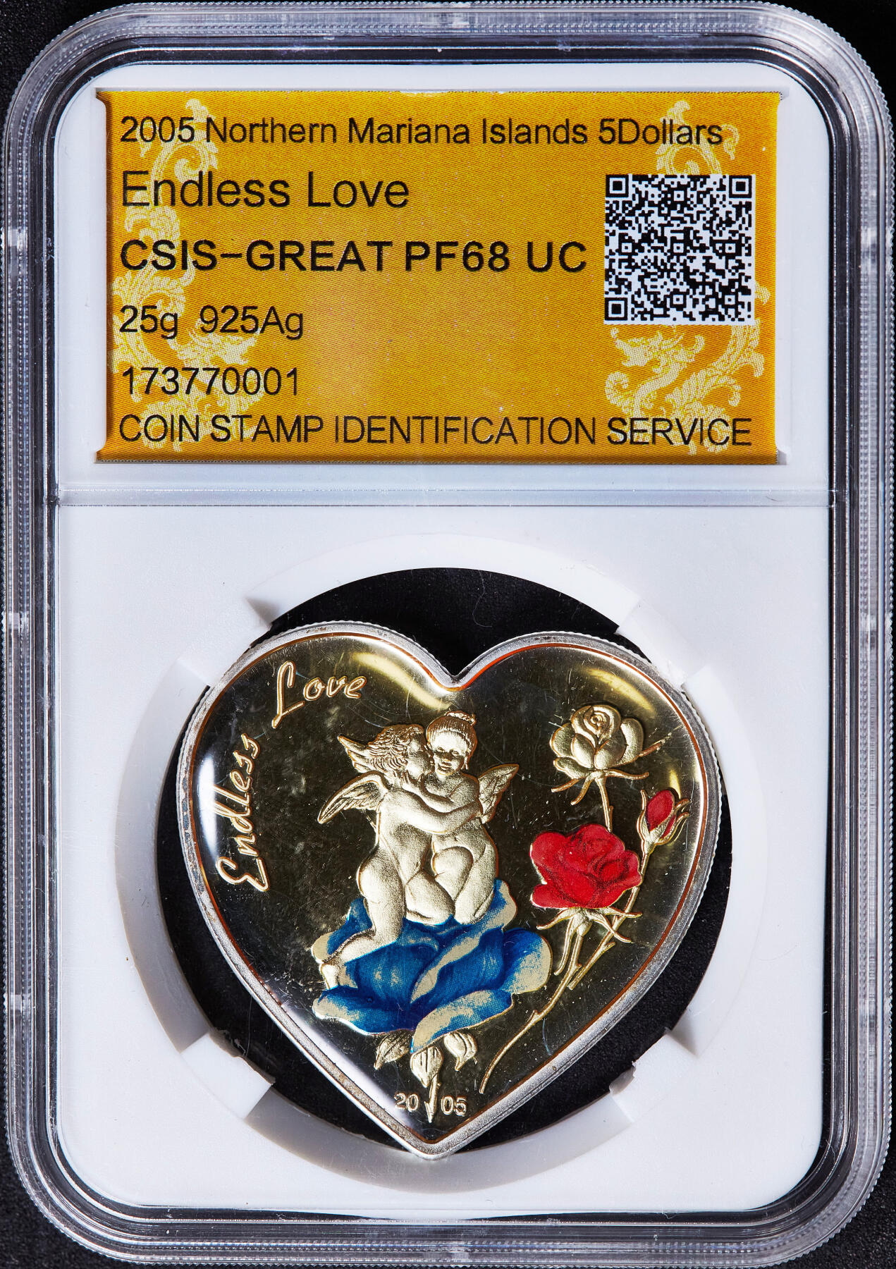 【俄甄集藏】2026年(050)04-01星期三 晚 19:30 全场包邮 美属北马里亚纳群岛2005年永恒的爱情人节主题心形彩绘滴胶工艺5元精制大银币，信泰 PF68UC，重（不含滴胶部分）：25克，925银，发行量1888枚，少见品种