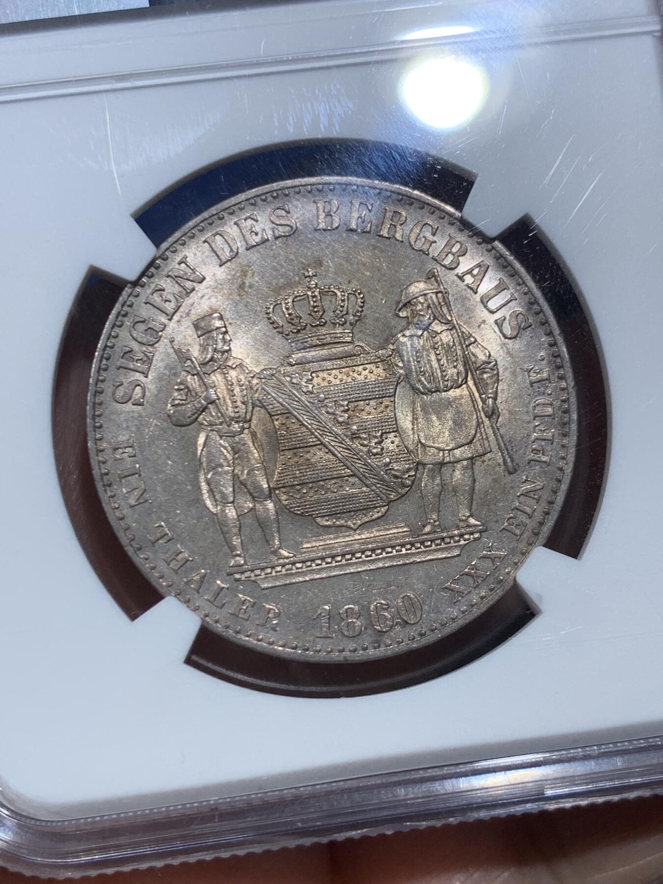 《竞宝斋》第475场 周日，周一 2场连拍 （全场包邮）欢迎送拍 NGC AU58 德国 1860 萨克森矿业泰勒 略感低评