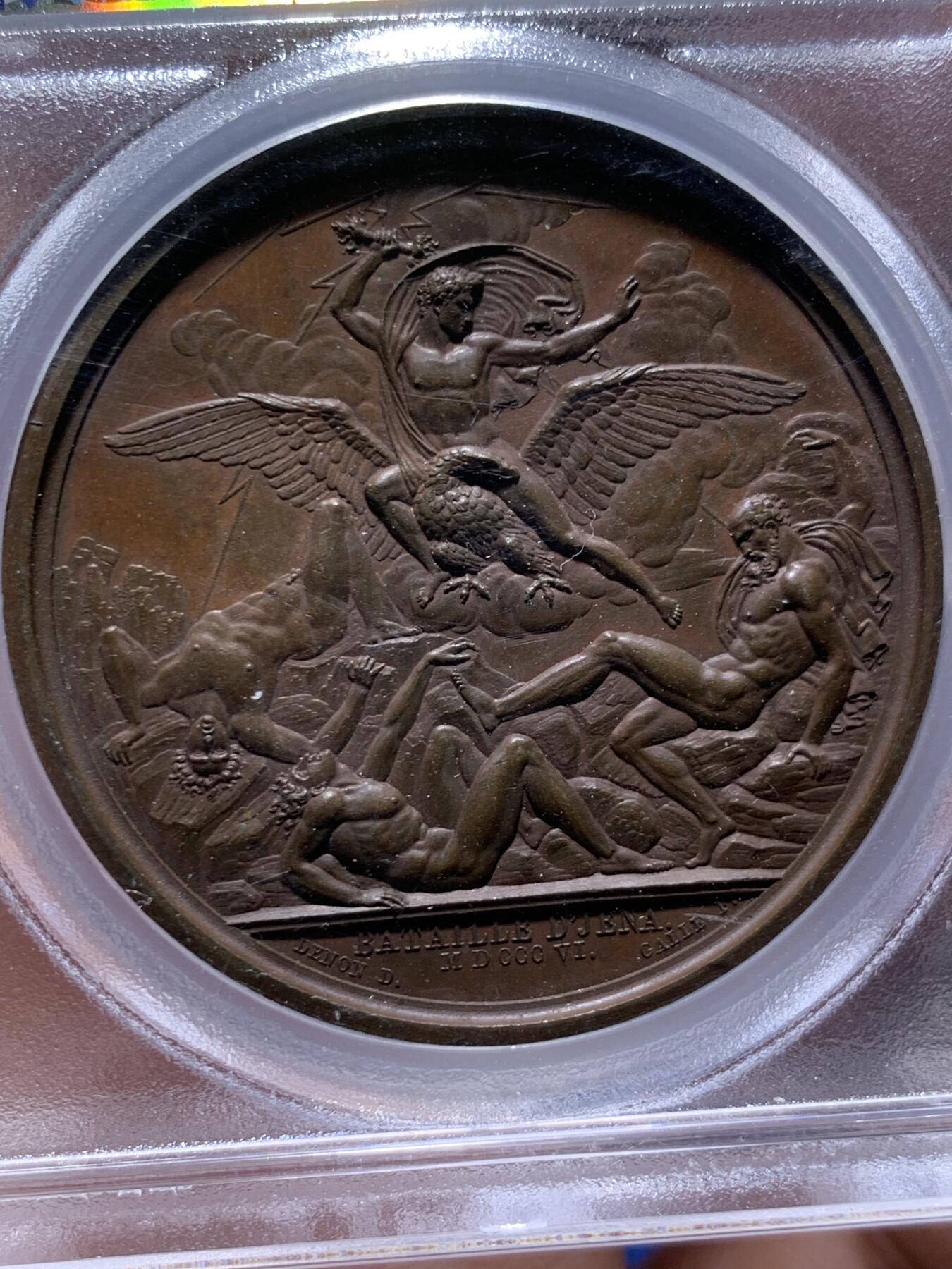 《竞宝斋》第475场 周日，周一 2场连拍 （全场包邮）欢迎送拍 PCGS SP64 季军分 法国1806年拿破仑一世耶拿之战原铸铜章 巴黎造币厂极美巧克力包浆 加厚盒