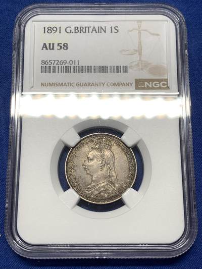 《竞宝斋》第475场 周日，周一 2场连拍 （全场包邮）欢迎送拍 - NGC AU58 英国 1891年 维多利亚高冠 1先令银币 原味包浆