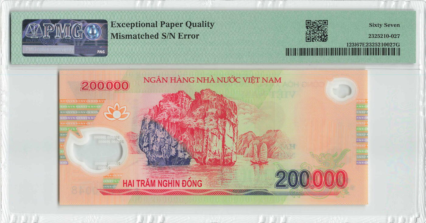 小福收藏拍卖第204期 评级币精选场 本期有 荷兰经典AA冠拿杯子的蛇 叙利亚世遗帕尔米拉古城豹子号冠军分 法国红衣主教冠军分 意大利经典达芬奇   白俄罗斯 "Millennium" 纪念版AA冠全同千位号全套  南斯拉夫铁托未发行版 美国 墨西哥 越南 法属印度支那等多国精美高分珍稀老钞精品纸币 越南 2021年 200000盾 塑料钞 序列号不一致 PMG认证错版 PMG67 EPQ 季军分