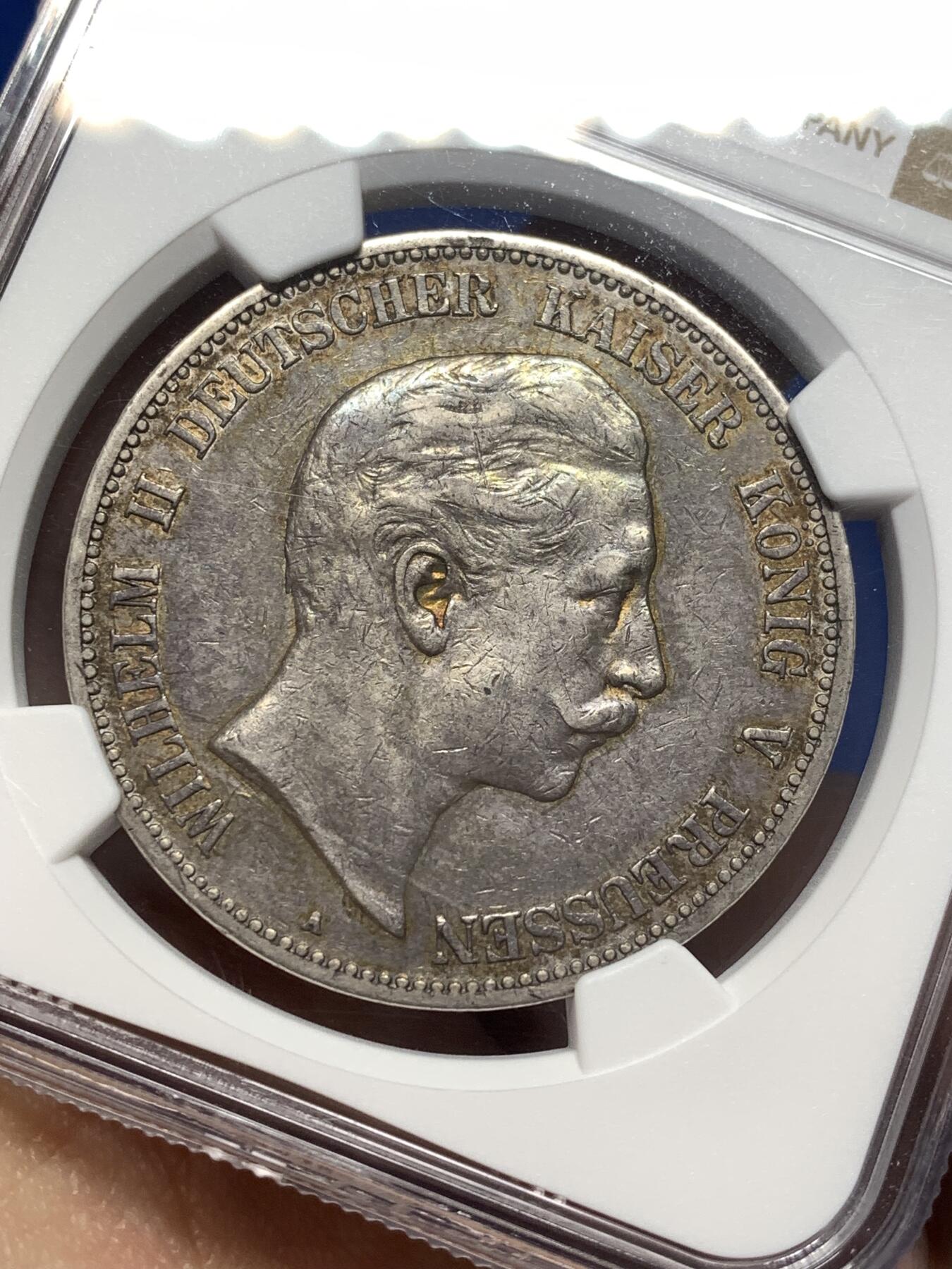 《竞宝斋》第475场 周日，周一 2场连拍 （全场包邮）欢迎送拍 NGC XFD 德国1904年威廉二世5马克银币