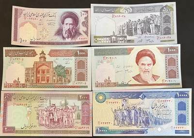 小福收藏拍卖第203期 裸钞场 本期有多张豹子号靓号 仅发行1000枚亚克力砖封蒙古20000图格里克帝国800周年纪念钞 瑞士200法郎 百慕大样钞洋葱冠全套 巴林首版大全套 卡塔尔四张套 越南 保加利亚 马其顿等多国精美纸币 - 伊朗 1981年 10000+不同时期里亚尔 1组5张 unc