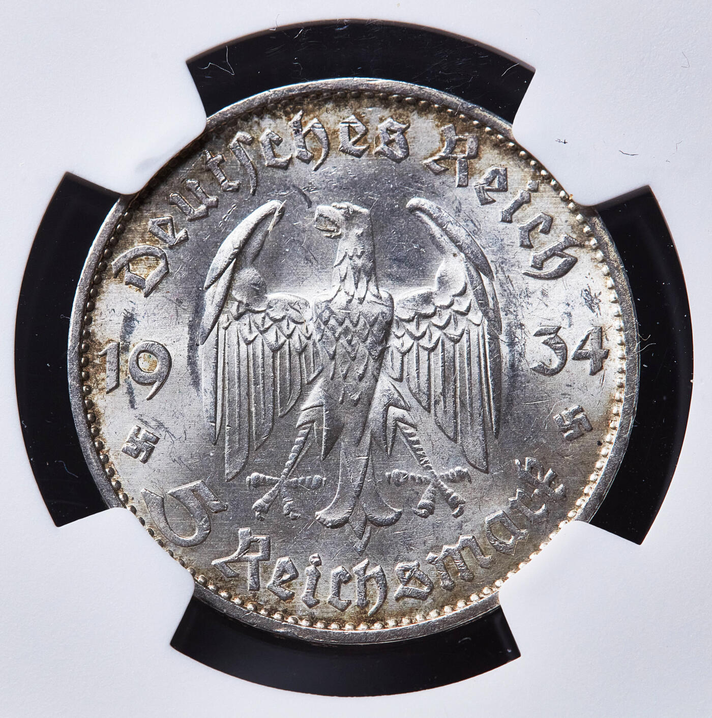 【俄甄集藏】2026年(050)04-01星期三 晚 19:30 全场包邮 德国第三帝国1934年D版波茨坦教堂无字版5马克银币，NGC MS61，黄油彩包浆，转光品相