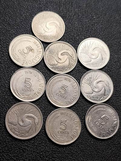 泉币菌-第217场-拍品多 请提前出价 - 10枚高币值一组 新加坡5分镍币 天鹅混合年份未挑