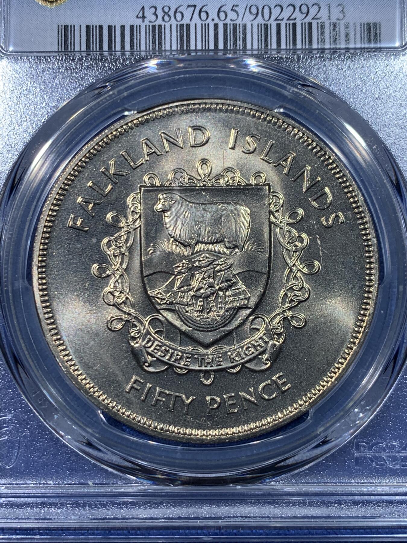 《竞宝斋》第475场 周日，周一 2场连拍 （全场包邮）欢迎送拍 PCGS MS65 福克兰群岛1977伊丽莎白女王二世登基25周年25便士纪念币 车轮光状态漂亮 亚军分 更高分仅2枚！