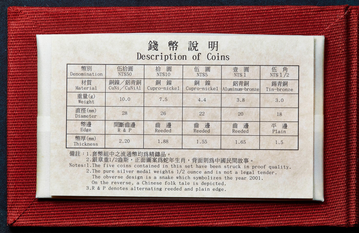 【俄甄集藏】2026年(050)04-01星期三 晚 19:30 全场包邮 中国台湾2001年精制版5角-50元硬币6枚套，原盒证，含一枚1/2盎司辛巳蛇年白蛇传999银章