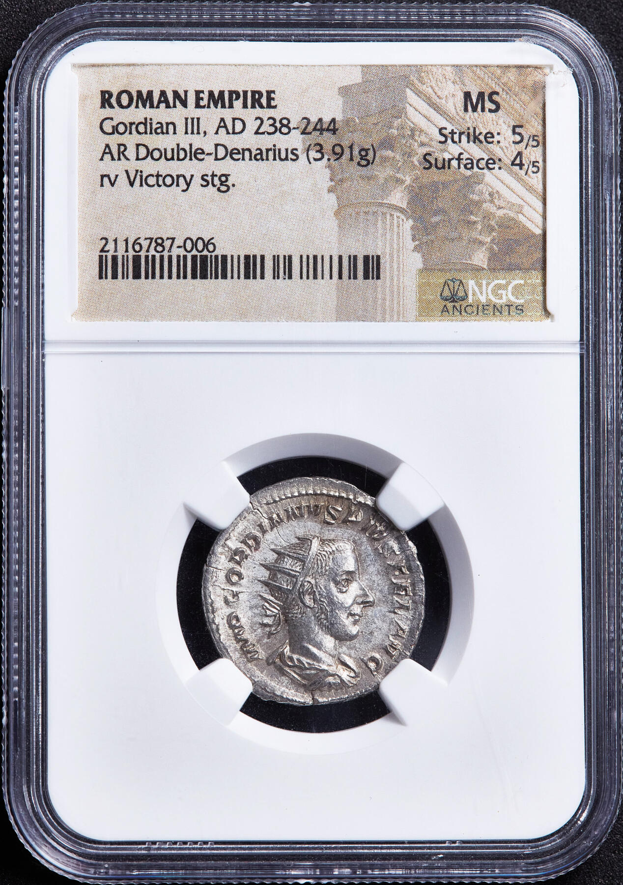 【俄甄集藏】2026年(050)04-01星期三 晚 19:30 全场包邮 古罗马帝国公元243-244年戈尔迪安三世桂冠双第纳尔胜利女神银币，NGC MS(Str 5/5, Sur 4/5)，正面皇帝戈尔迪安三世戴桂冠头像，币文：最高统帅，戈尔迪安，虔敬者，幸运的奥古斯都；背面双翼胜利女神站像，黄油彩包浆，原光品相，暴涨品种