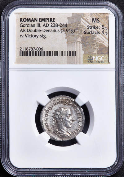 【俄甄集藏】2026年(050)04-01星期三 晚 19:30 全场包邮 - 古罗马帝国公元243-244年戈尔迪安三世桂冠双第纳尔胜利女神银币，NGC MS(Str 5/5, Sur 4/5)，正面皇帝戈尔迪安三世戴桂冠头像，币文：最高统帅，戈尔迪安，虔敬者，幸运的奥古斯都；背面双翼胜利女神站像，黄油彩包浆，原光品相，暴涨品种