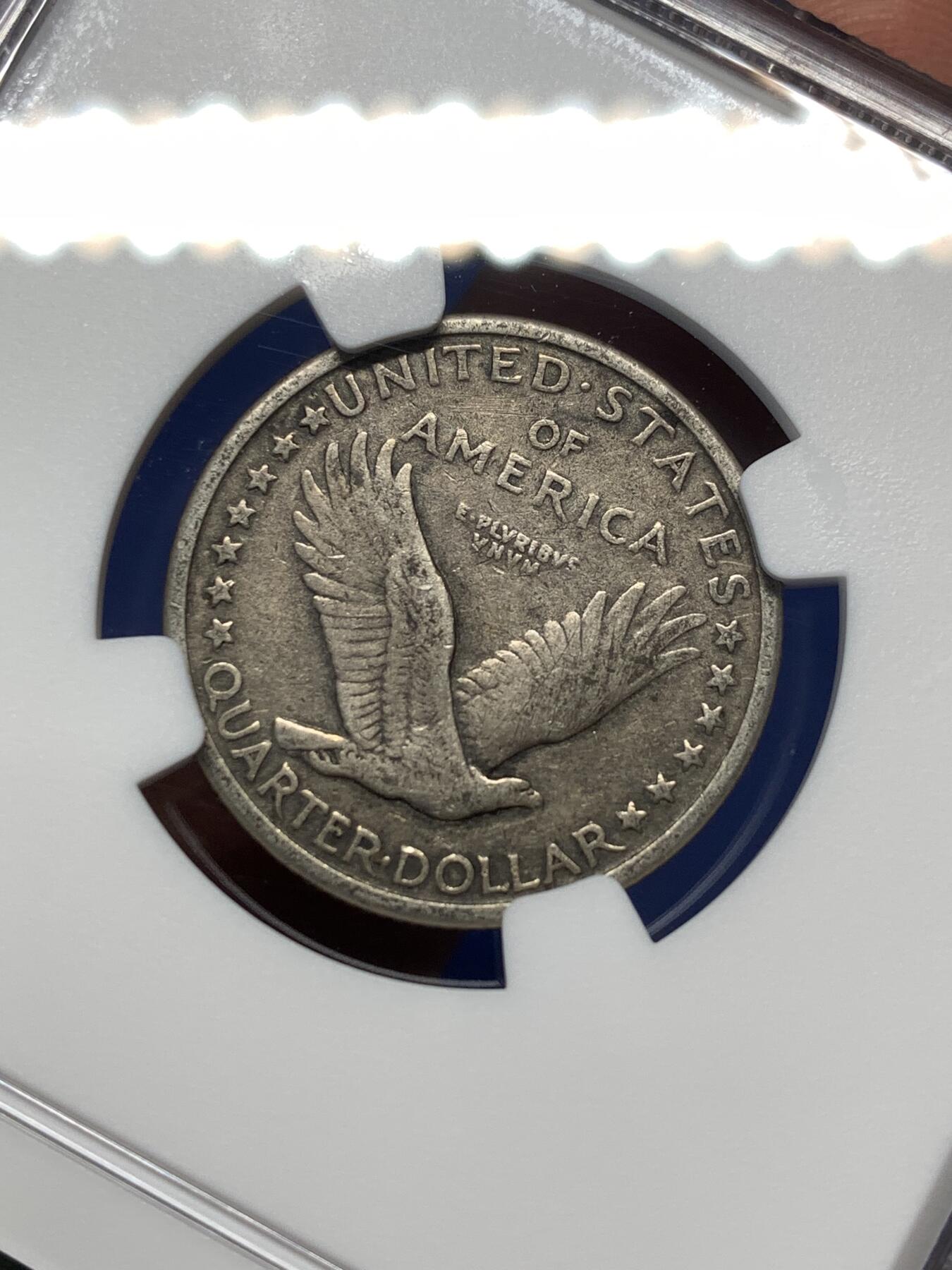 《竞宝斋》第475场 周日，周一 2场连拍 （全场包邮）欢迎送拍 NGC VFD 美国1917年type 1版本25美分银币，NGC错标成type 2，实际是鹰下无星type 1版本，仅发行两年。具体版别自辨