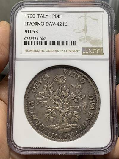 《竞宝斋》第475场 周日，周一 2场连拍 （全场包邮）欢迎送拍 - NGC AU53 意大利1700年玫瑰大银币 热门品种 枪灰色均匀包浆 铸造光泽强烈 上海NGC评级 明显低评 美第奇家族的余晖