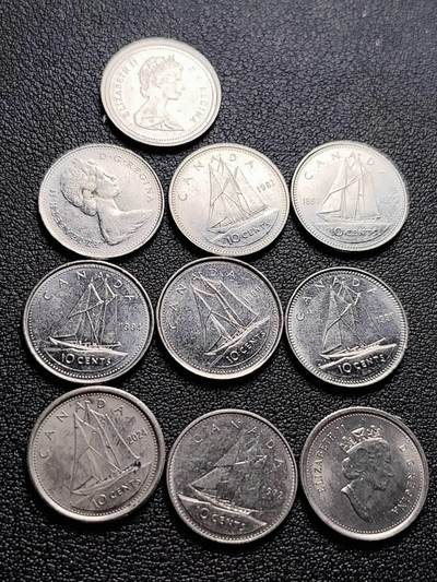 泉币菌-第217场-拍品多 请提前出价 - 10枚高币值一组 加拿大10分镍币 帆船 伊丽莎白二世 混合年份未挑