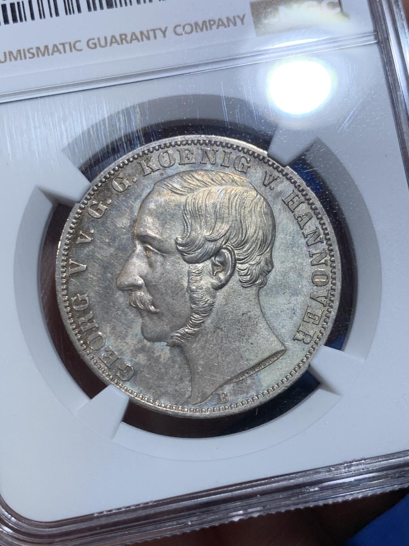 《竞宝斋》第475场 周日，周一 2场连拍 （全场包邮）欢迎送拍 NGC MS63 德国汉诺威1865橡树泰勒银币 实物PL质感 状态很不错 泰勒名誉品 铸造量2000枚 季军分