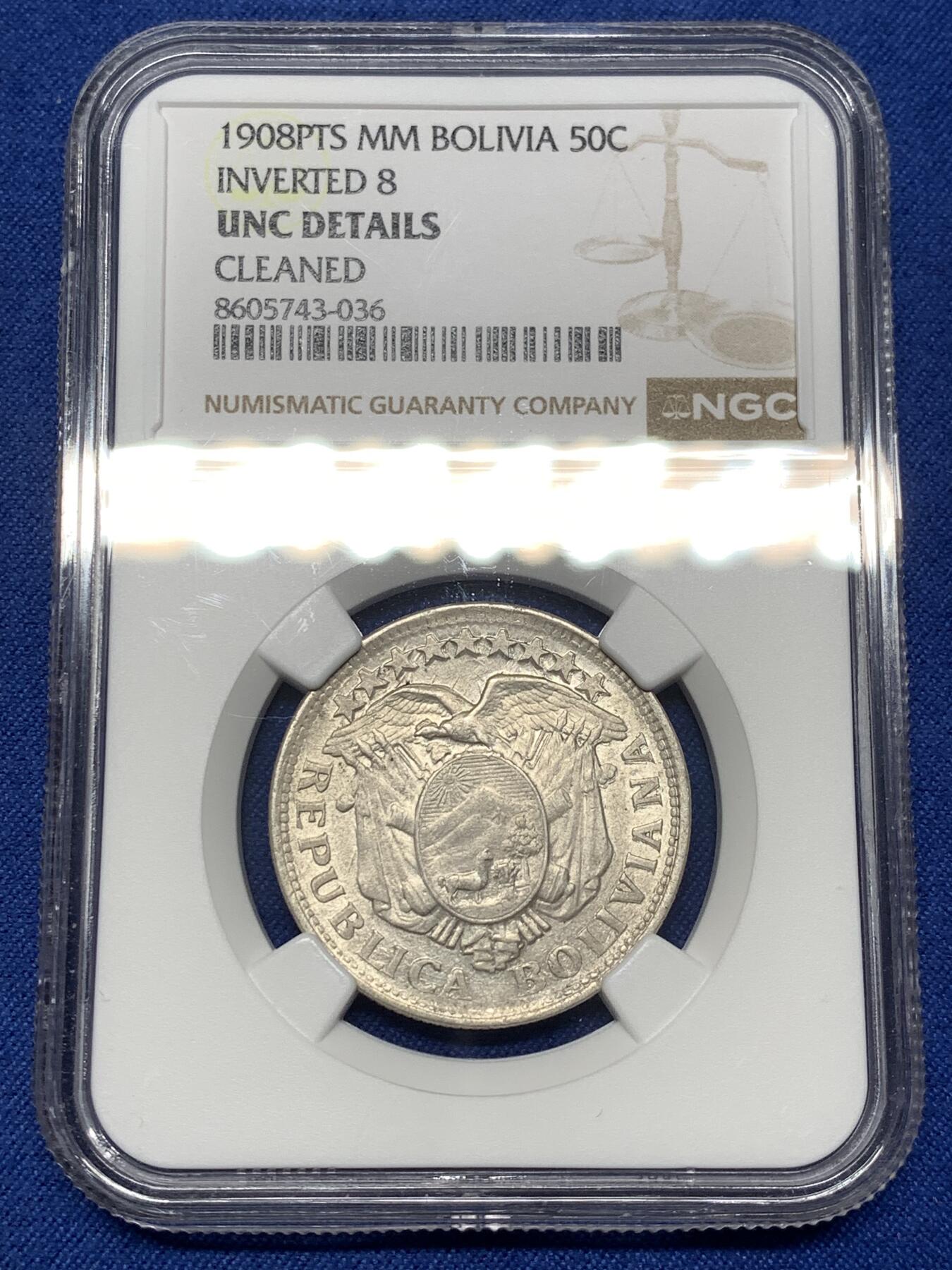 《竞宝斋》第475场 周日，周一 2场连拍 （全场包邮）欢迎送拍 NGC UNCD 玻利维亚1908年PTS.MM 50分银币 （少见反置8）