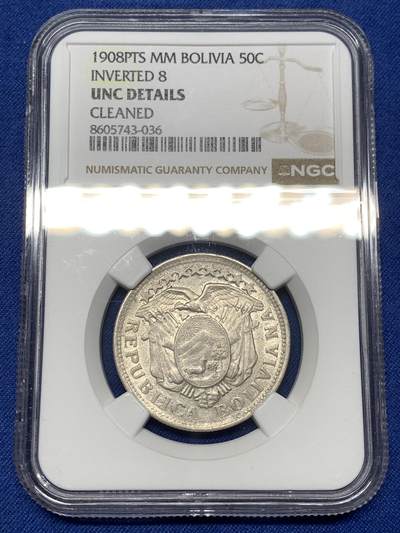 《竞宝斋》第475场 周日，周一 2场连拍 （全场包邮）欢迎送拍 - NGC UNCD 玻利维亚1908年PTS.MM 50分银币 （少见反置8）