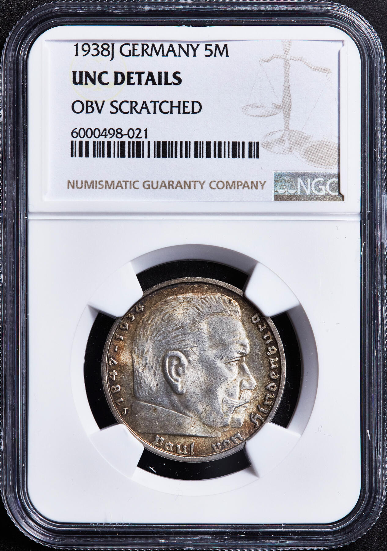 【俄甄集藏】2026年(050)04-01星期三 晚 19:30 全场包邮 德国第三帝国1938年J版兴登堡党徽5马克银币，NGC UNCD，黄油彩转光，疑似错杀，原图联系客服或官网查询