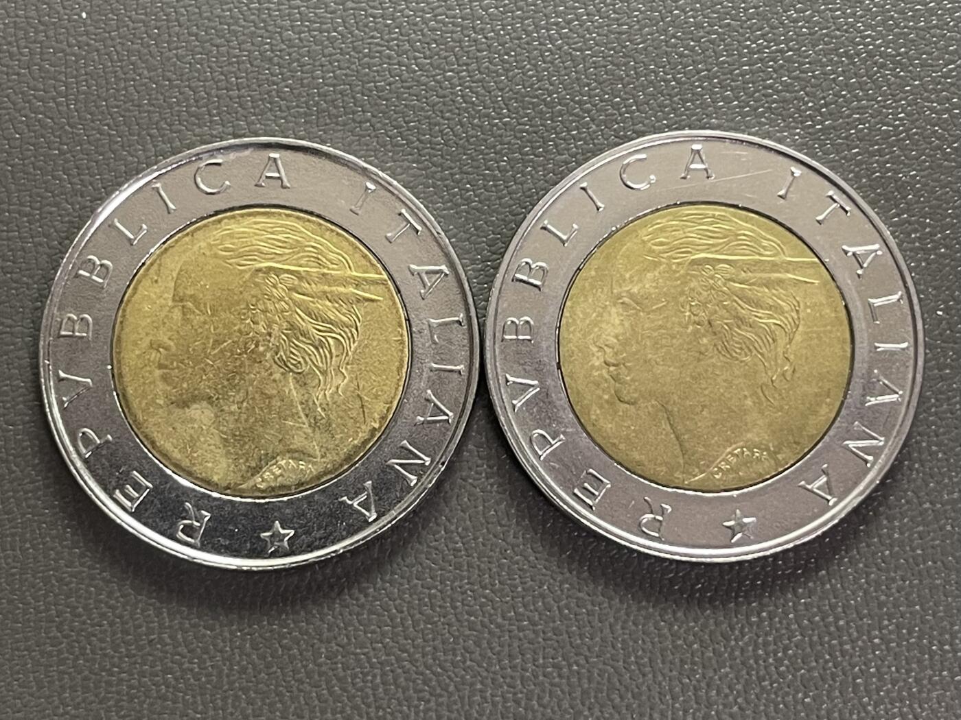 回流0406 意大利1997、1999年500里拉双金属币两枚 国家警察成立50周年&欧洲议会