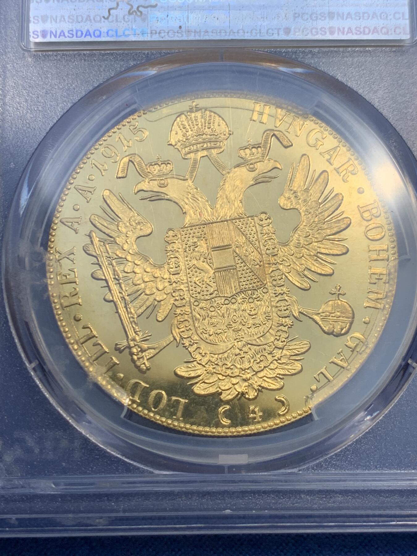 《竞宝斋》第475场 周日，周一 2场连拍 （全场包邮）欢迎送拍 PCGS PR64DCAM 奥地利1915年弗朗茨一世4杜卡特金币，13.96克，986金。实际铸造于1920-1936年左右 主要用于储备和对外贸易，精制版本少见  