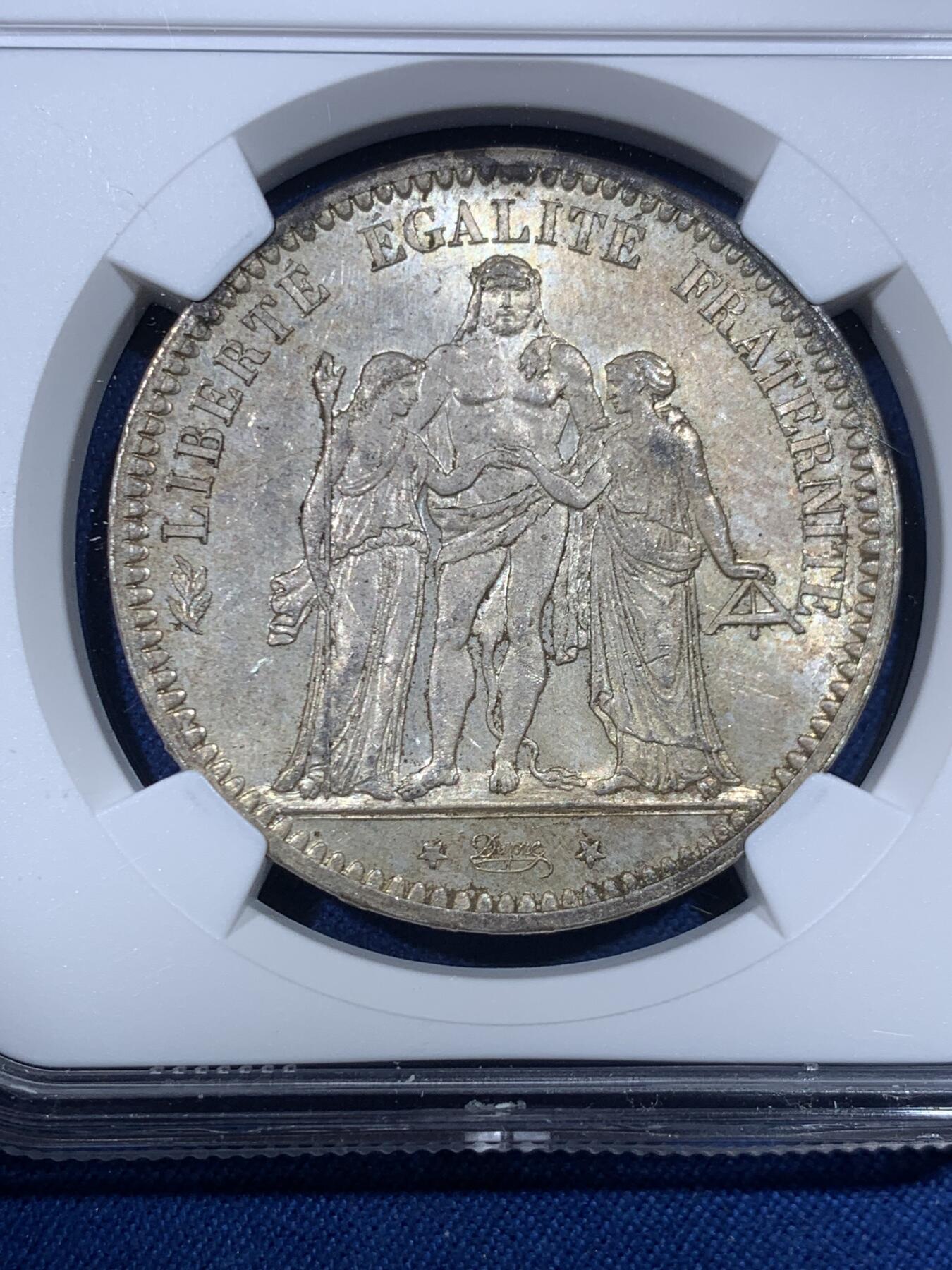 《竞宝斋》第475场 周日，周一 2场连拍 （全场包邮）欢迎送拍 NGC MS62 法国 1873年 A版 大力神 5法郎银币 细节高点清晰